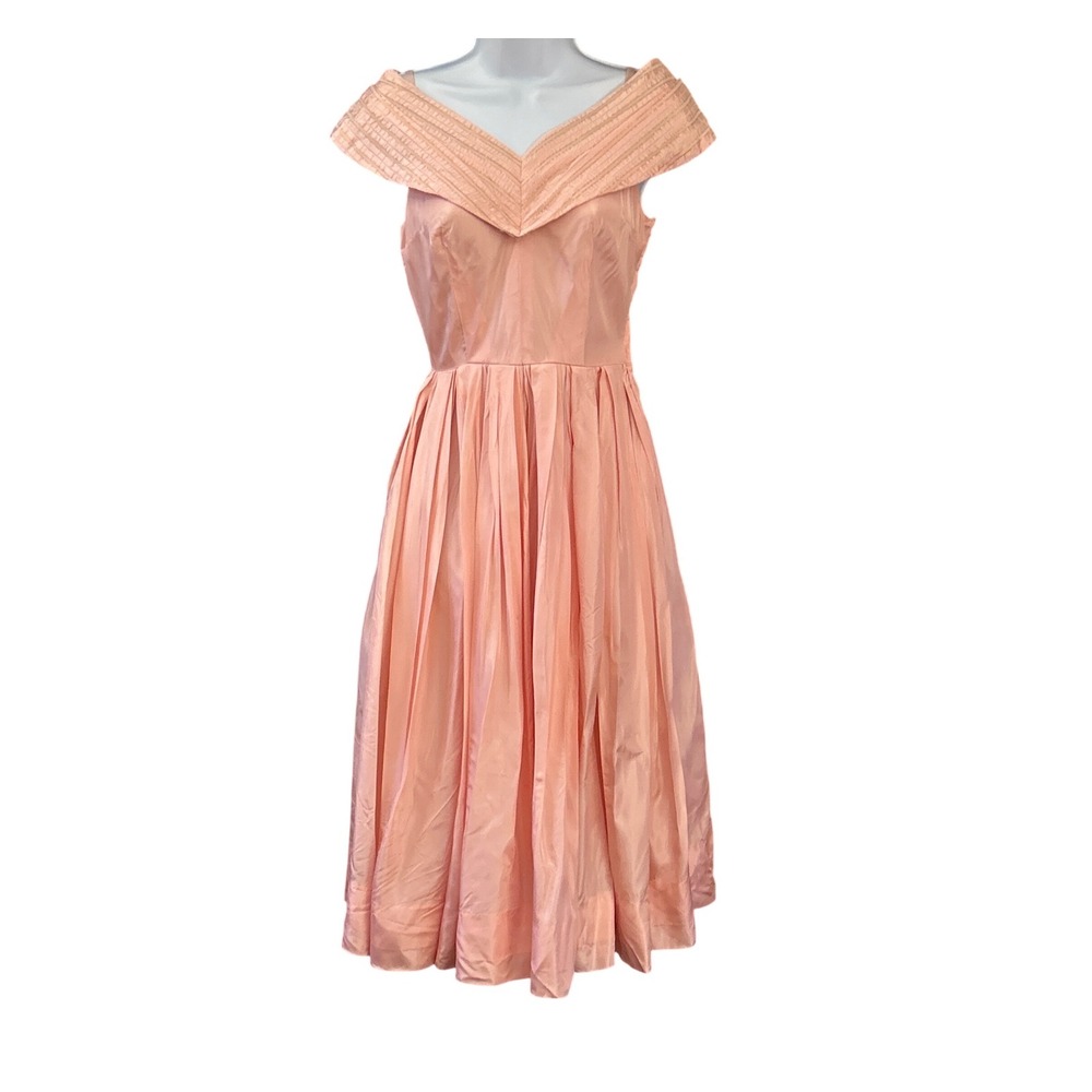 1950s Unbranded Taffeta Dress Portrait Collar Mid-Century Pink Retro Prom
